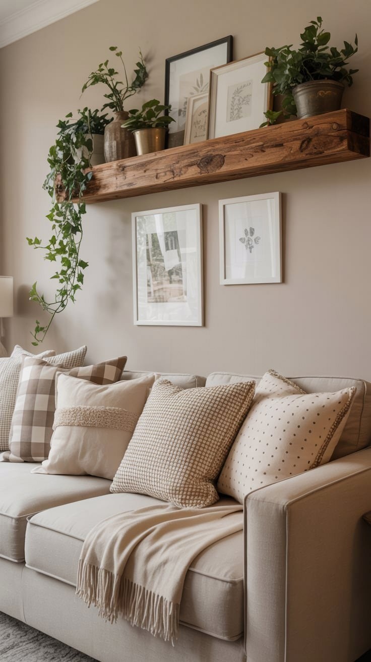 Warm Neutral Living Room: Floating Shelves & Farmhouse Inspo