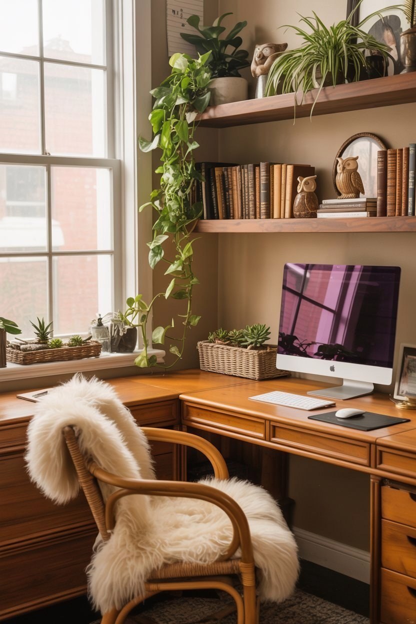 Cozy Home Office Oasis: Feminine Spaces & Indoor Plant Shelves