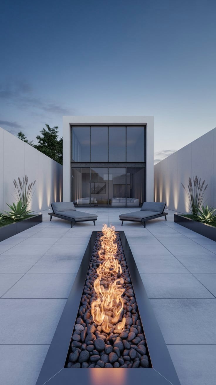 Modern Backyards: Concrete Outdoor Living & Linear Fire Pit Oasis