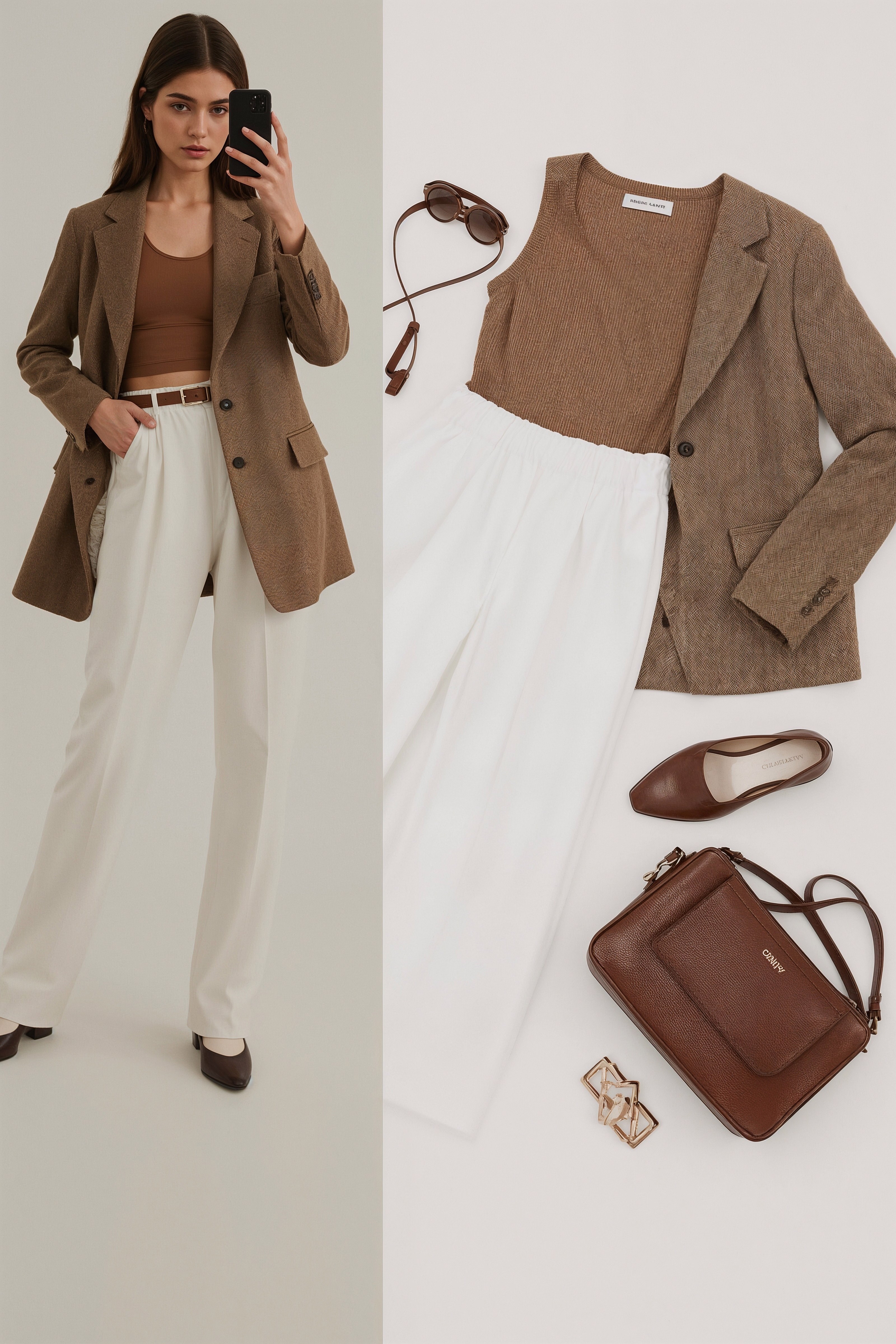 Elegant Work Outfits: Brown Blazer & White Pants Power Combination
