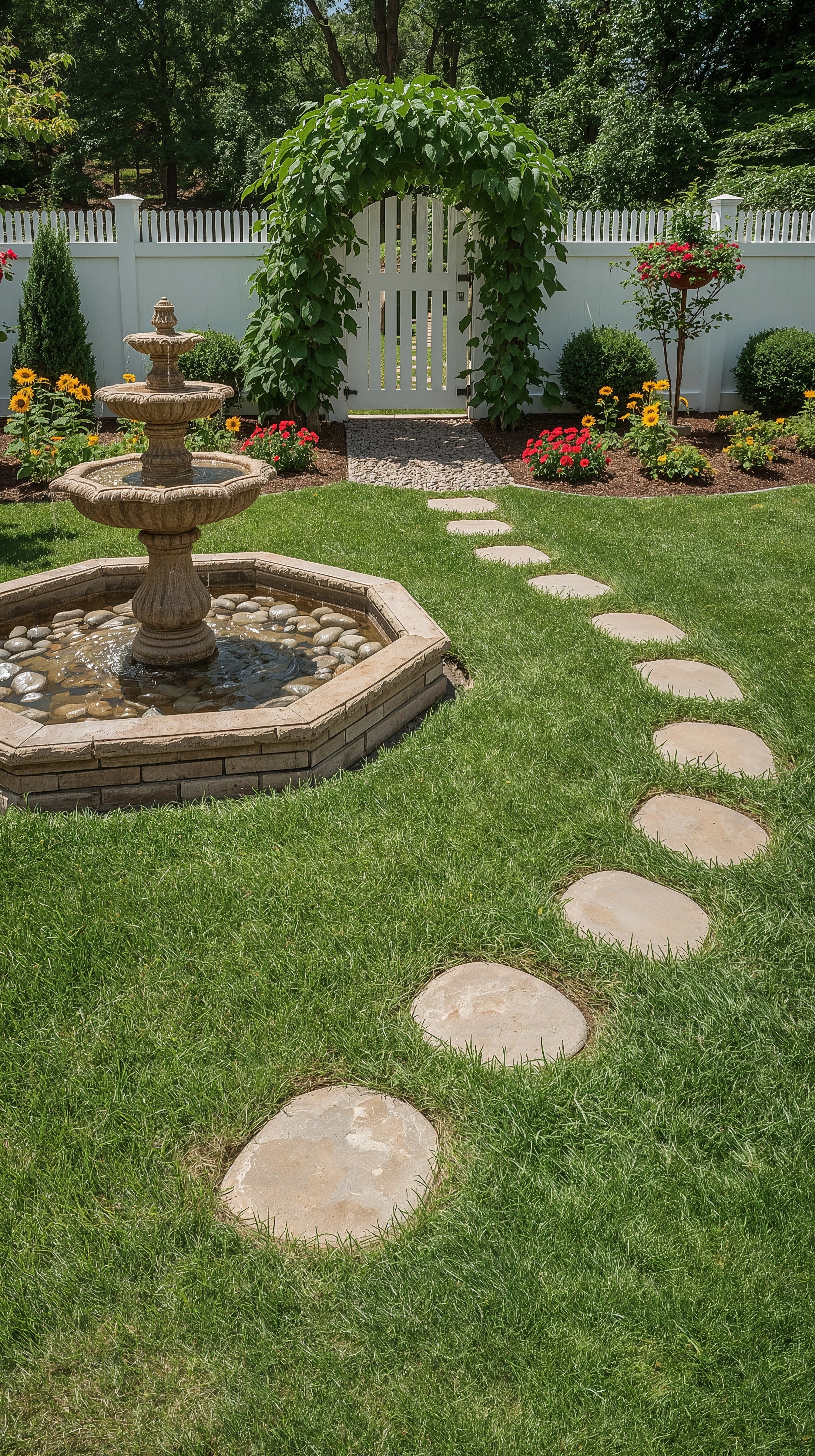 Charming Country Backyard: Small Fountain & Creative Garden Designs