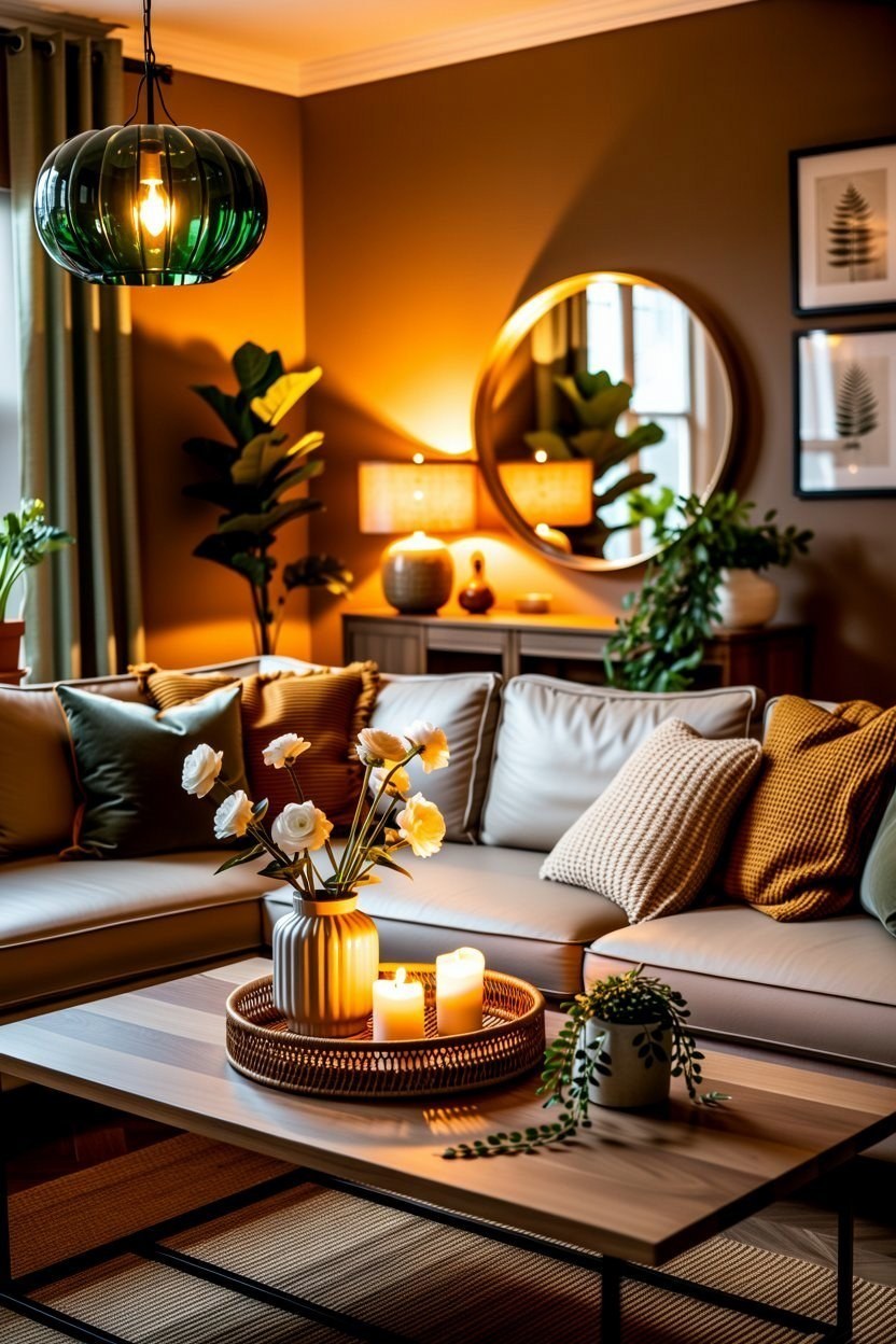 Cozy Apartment Living Room: Warm Lighting & Green Accents