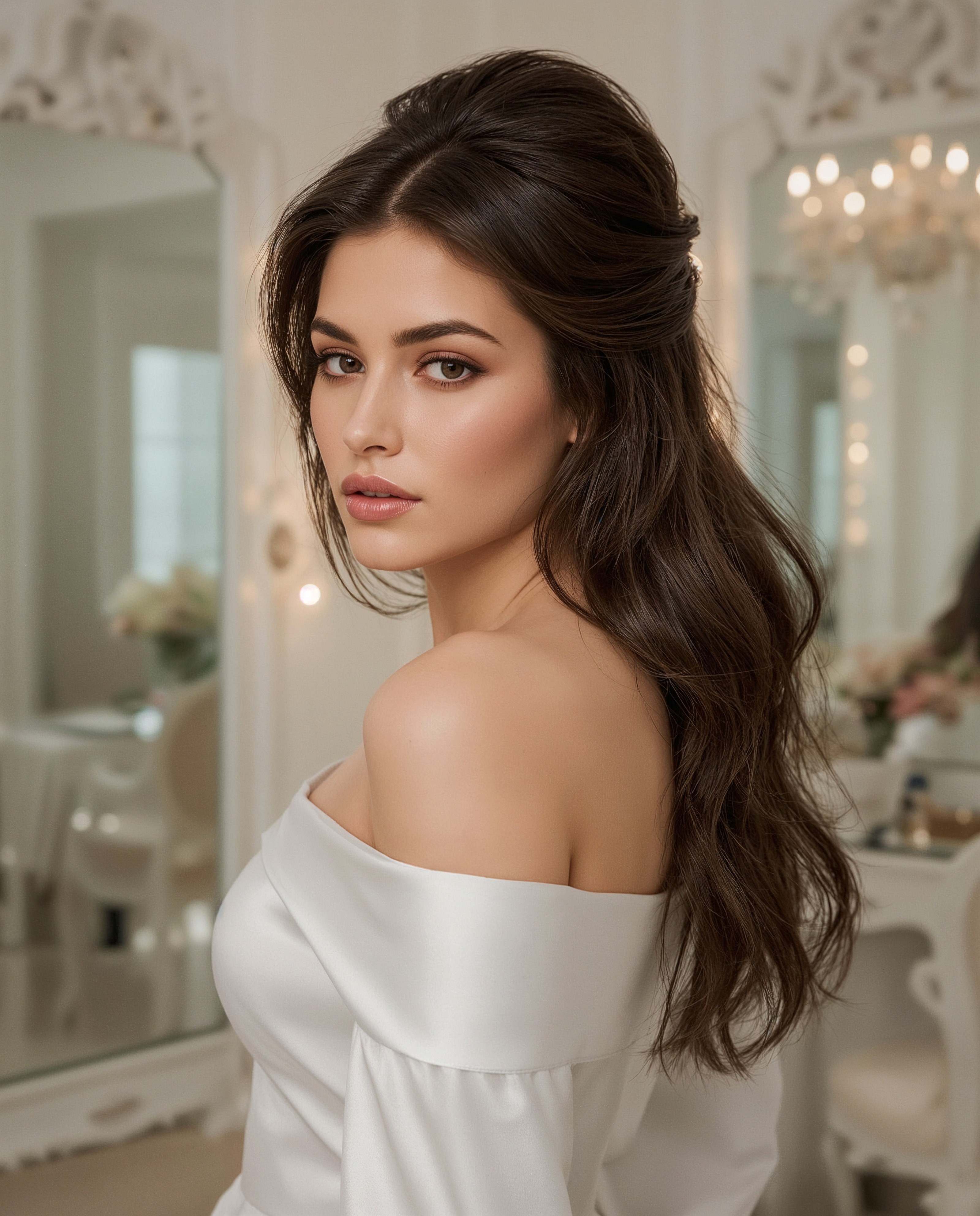 Chic Brunette Bridal Updo: Glam Half Up Wedding Hair