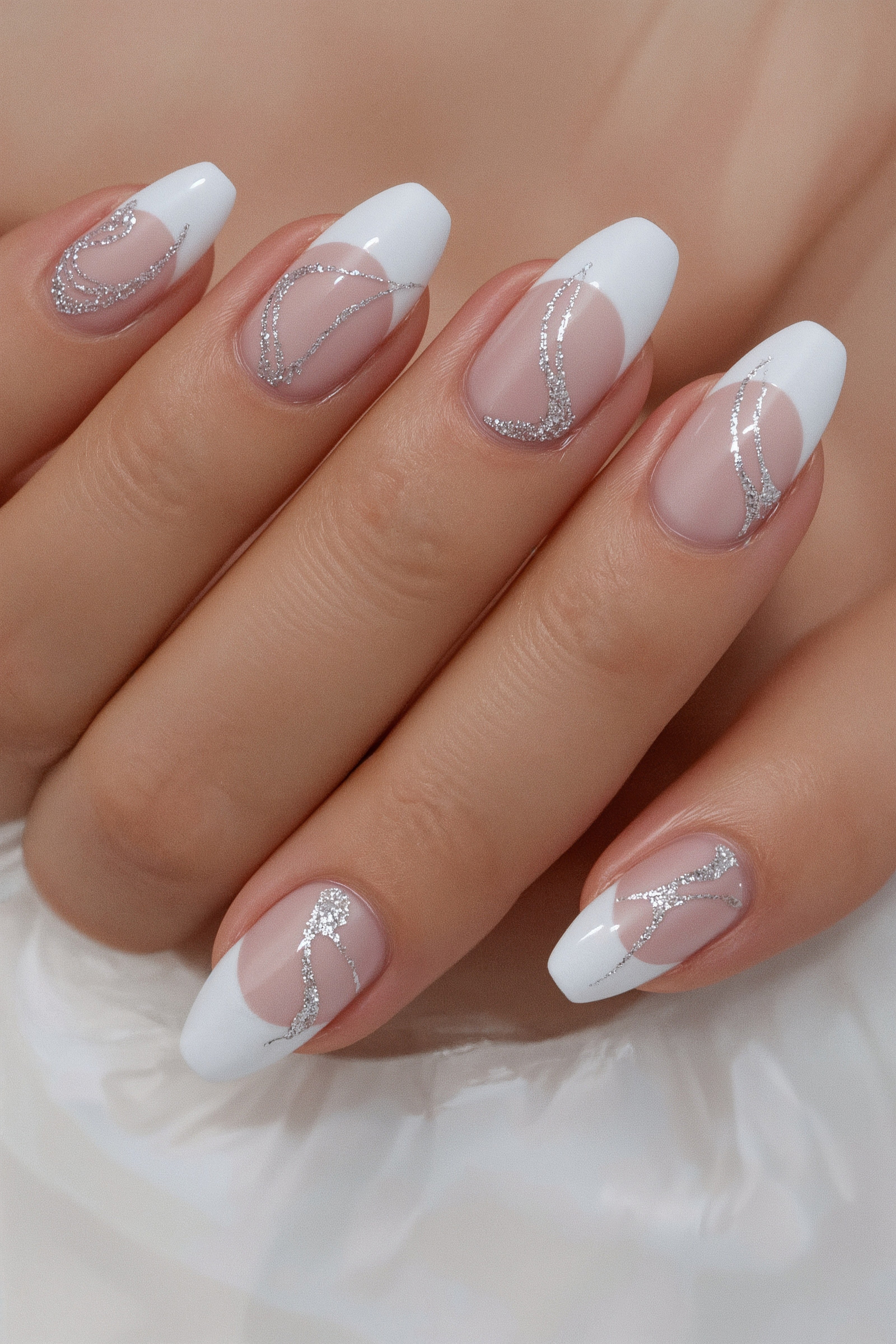Silver Swirl French Tip Almond Nails: Glamorous & Classy Gel Designs