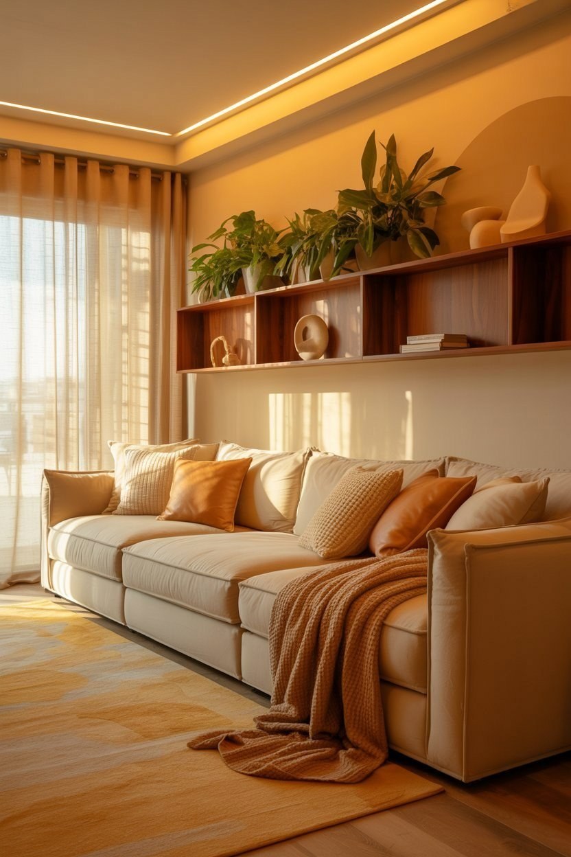 Cozy Minimalist Living Room: Warm Lighting & Chic Sofa Decorating Ideas
