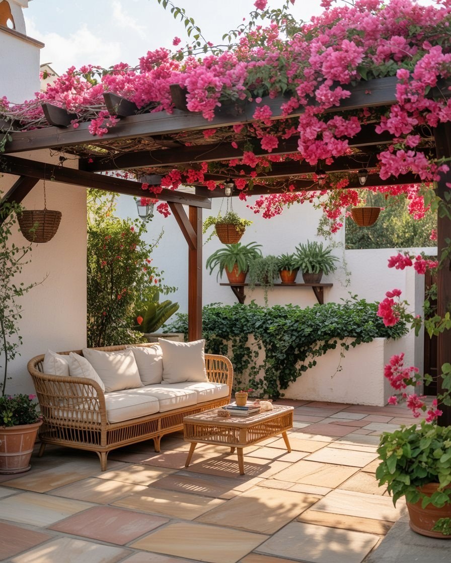 Italian Style Backyard: Bougainvillea Patio & Farmhouse Charm