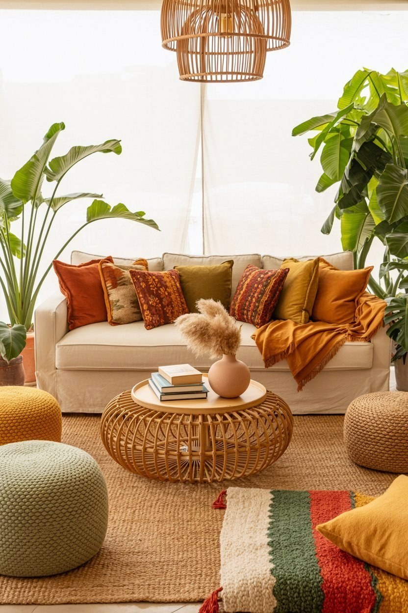 Bohemian Earthy Living Room: Lush Plants & Eclectic Style