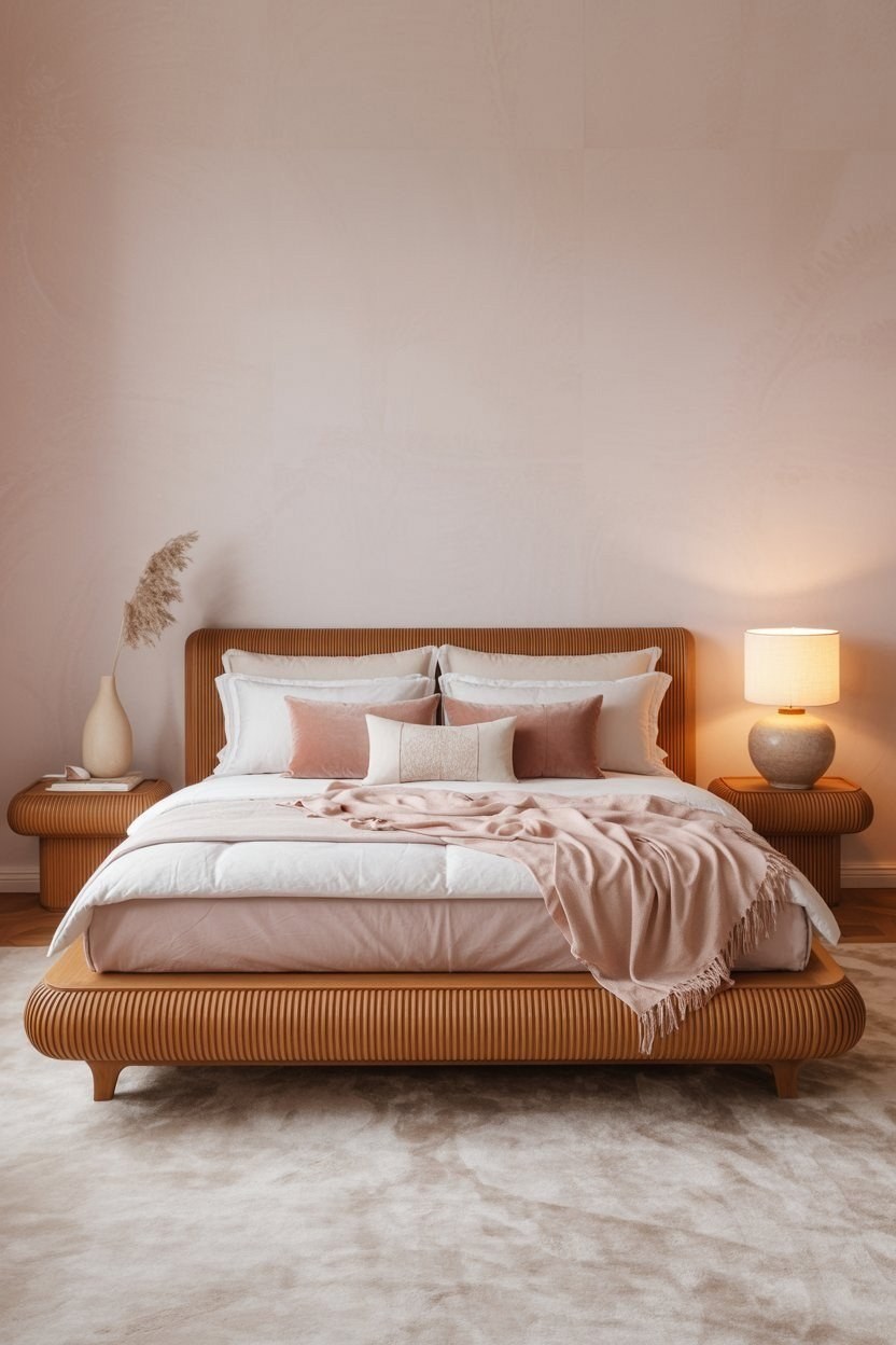 Modern Teak Wood Platform Bed: Luxurious Bedroom Accent