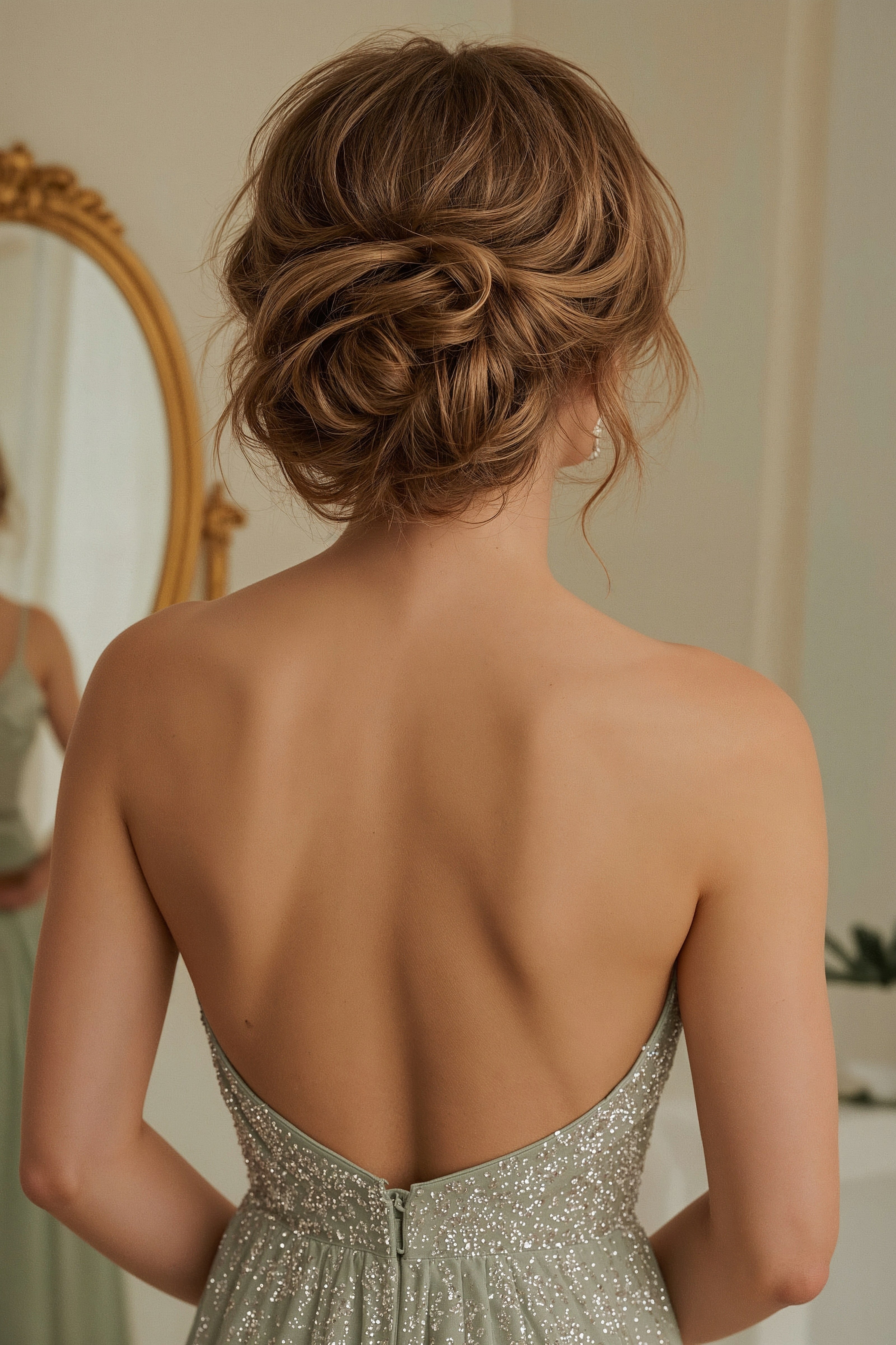 Romantic Messy Bun Hairstyles for Backless Dresses