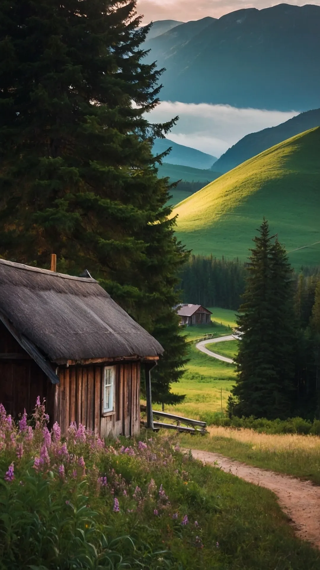 Lush Green Terrains Under Dreamy Clouds