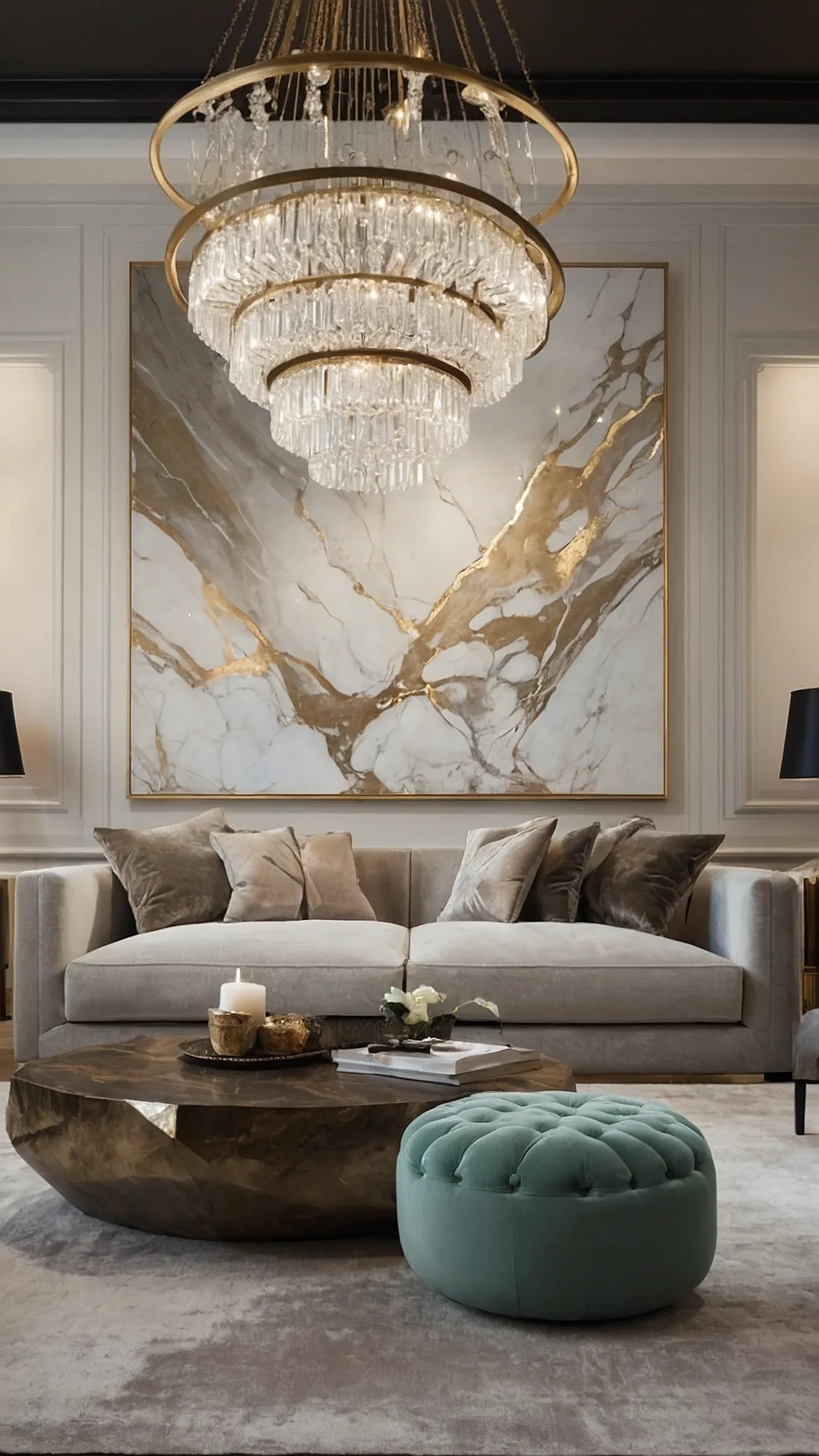 Living Room Goals: Chandelier Dreams & Marble Schemes