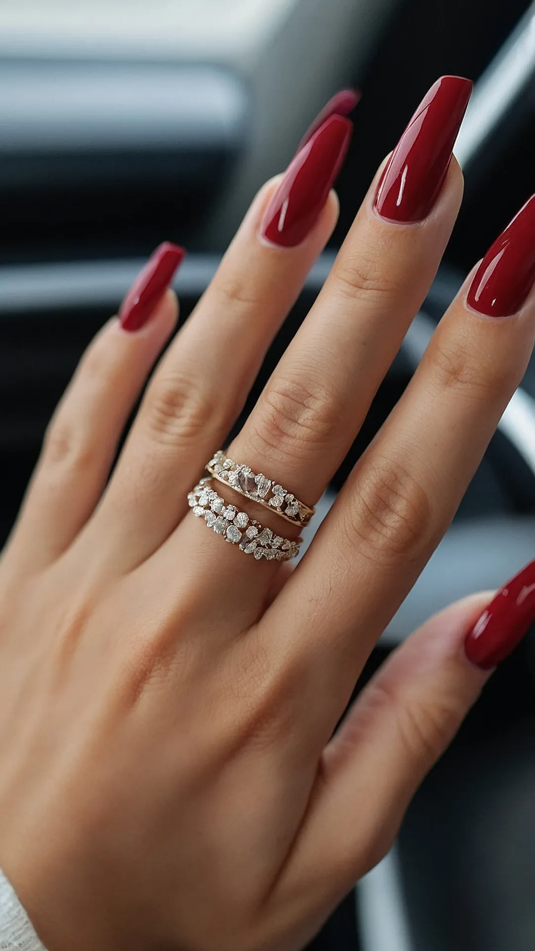 Sparkly Chic:  Red Nails and a Diamond Ring: