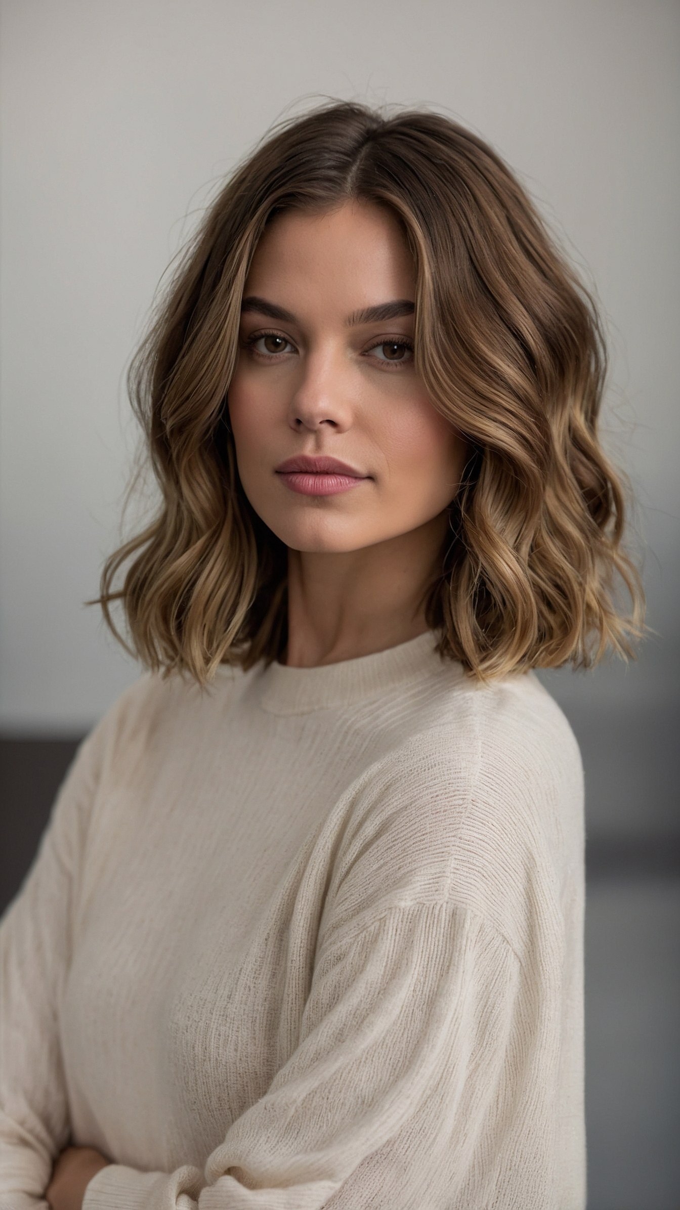 Wavy lob with honey blonde balayage in soft light