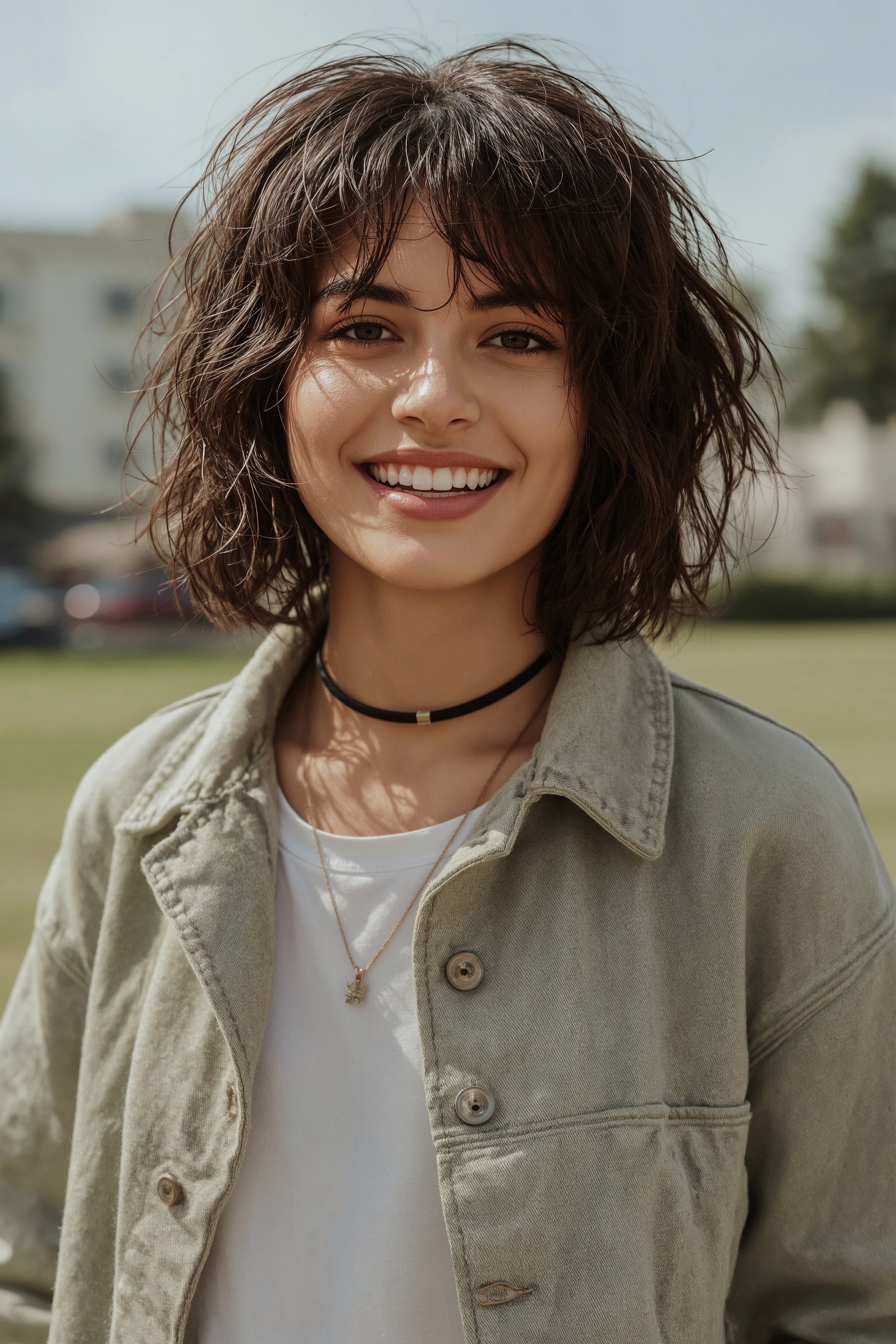 Textured Denim Jacket and Layered Necklaces