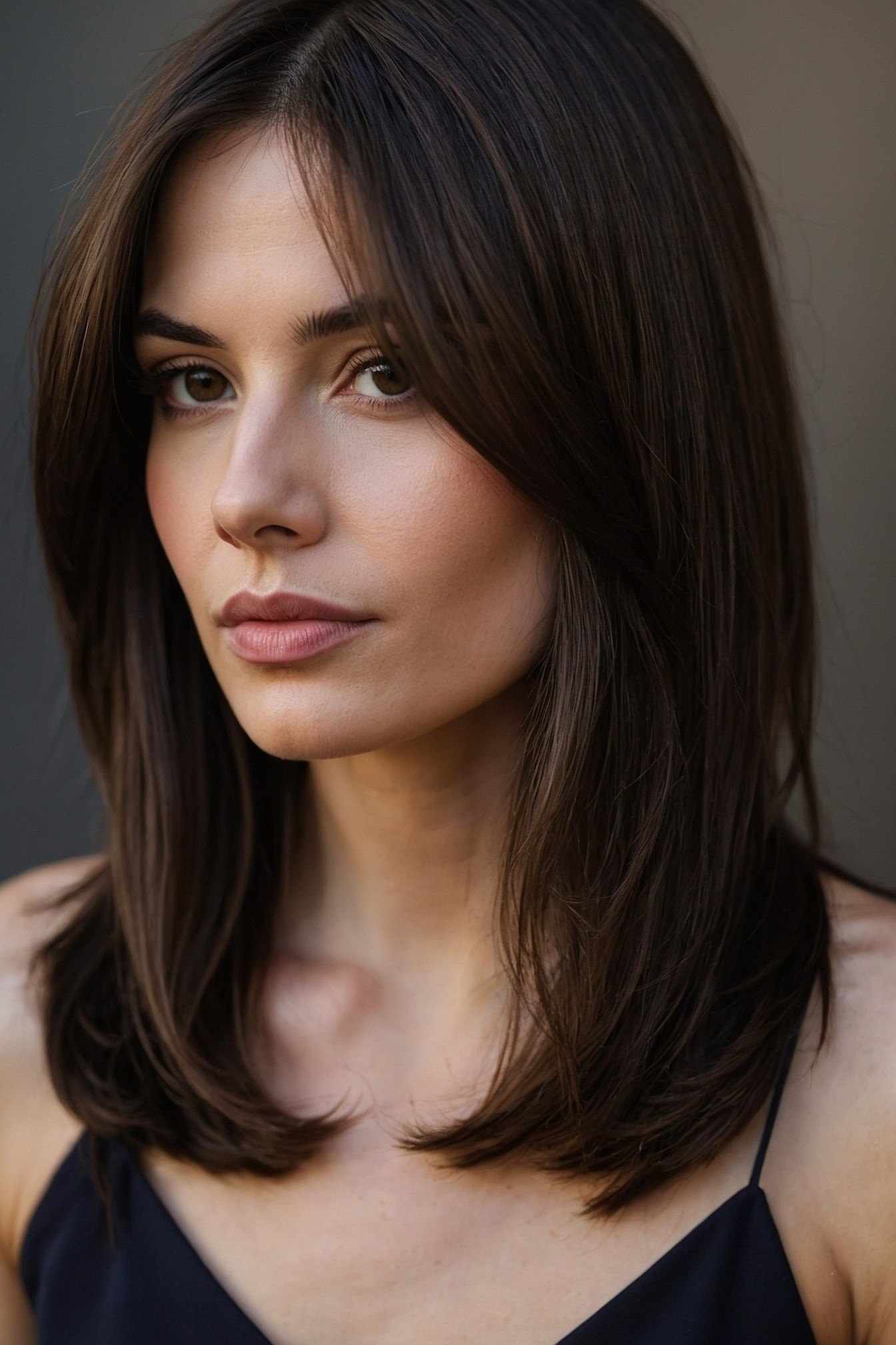 Close-up of medium brunette layered hair