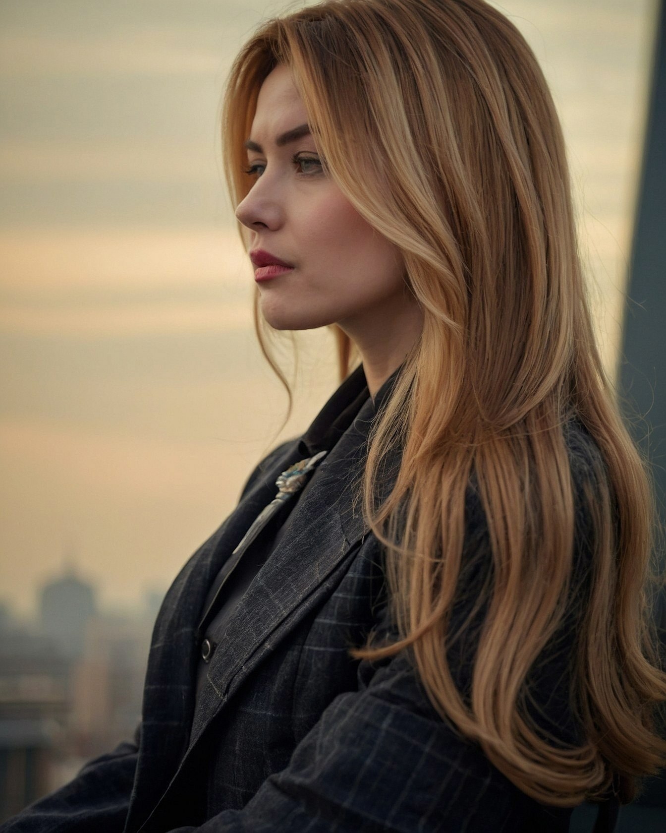 Profile View of a Woman with Flowing Blonde Hair