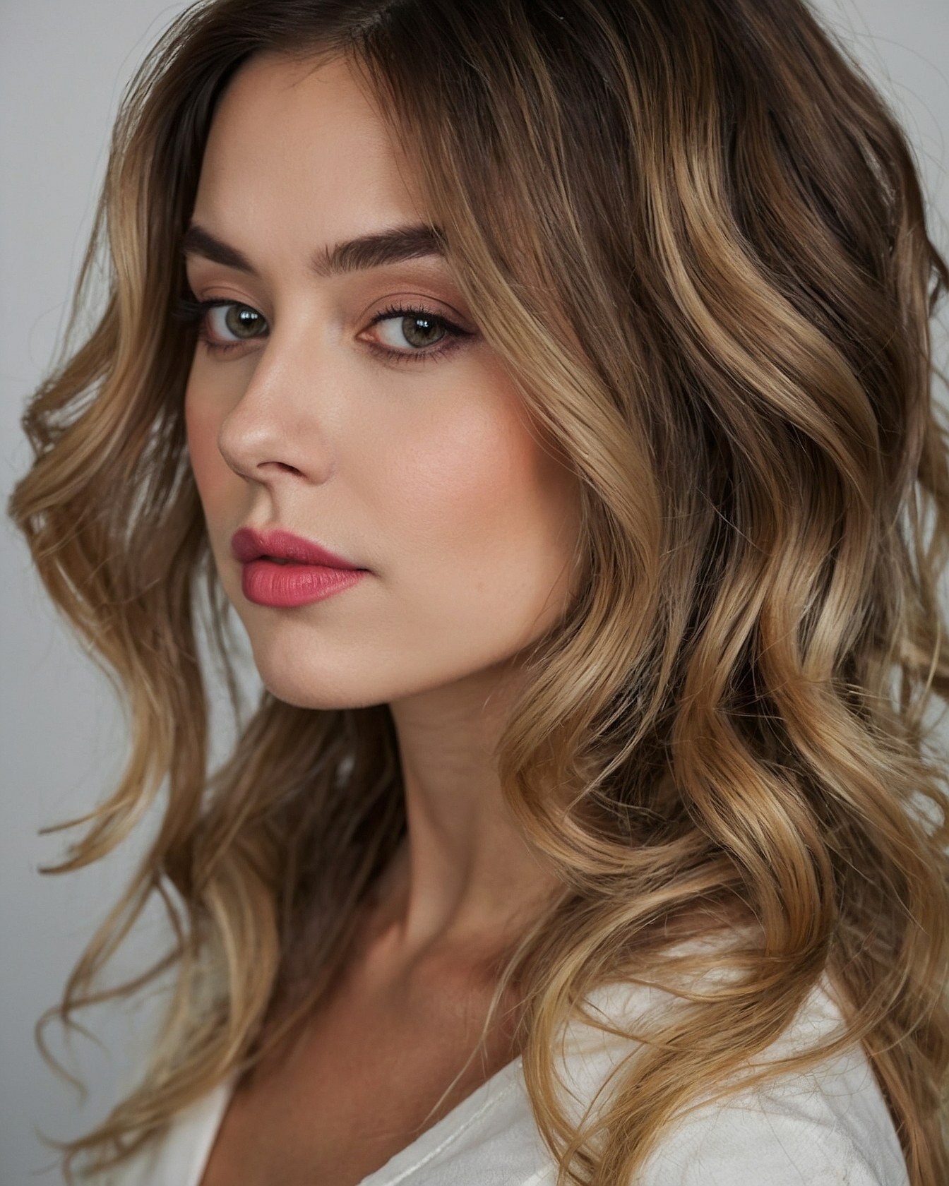 Close-up portrait of soft waves with warm blonde balayage