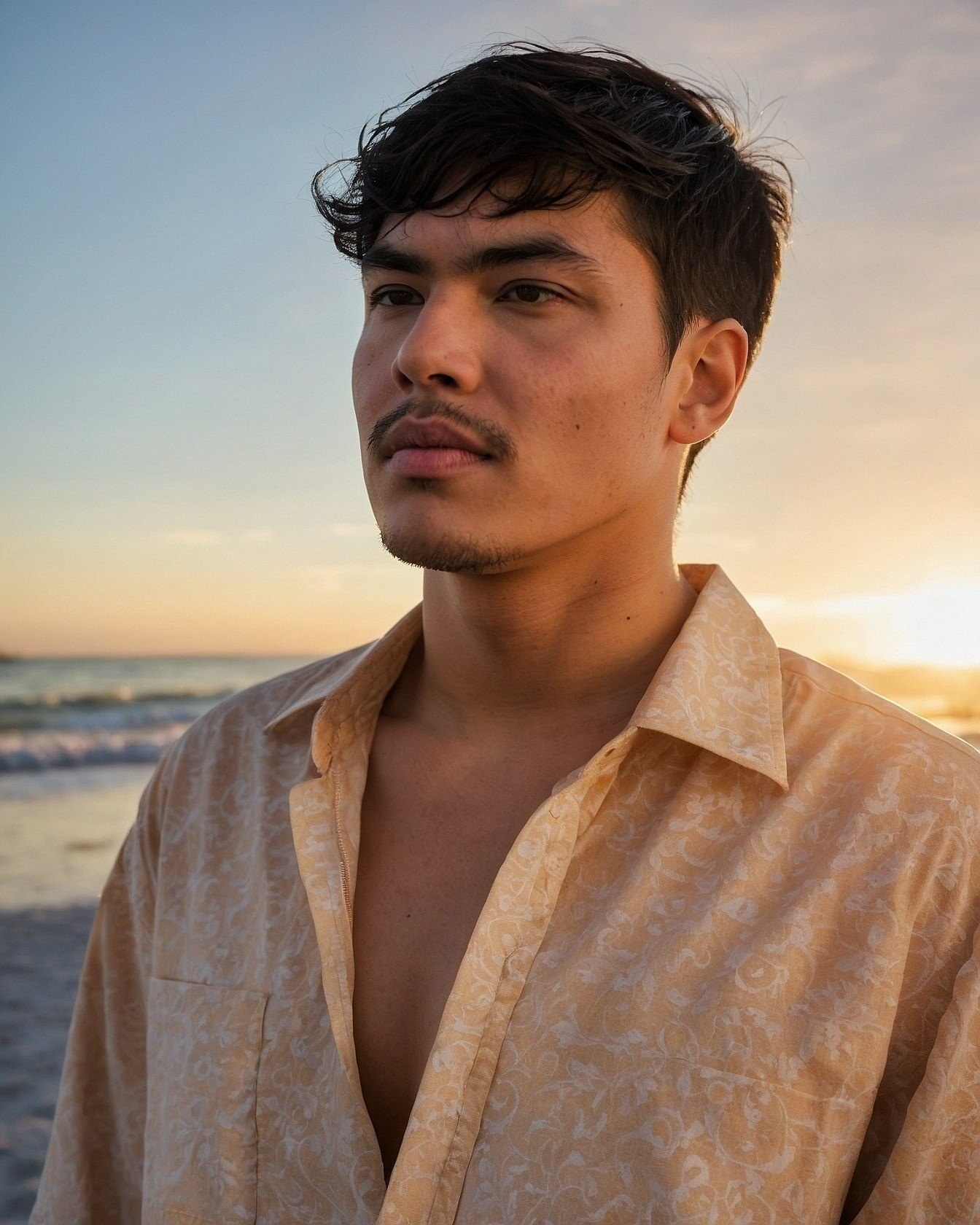 Sunset beach portrait with a patterned shirt