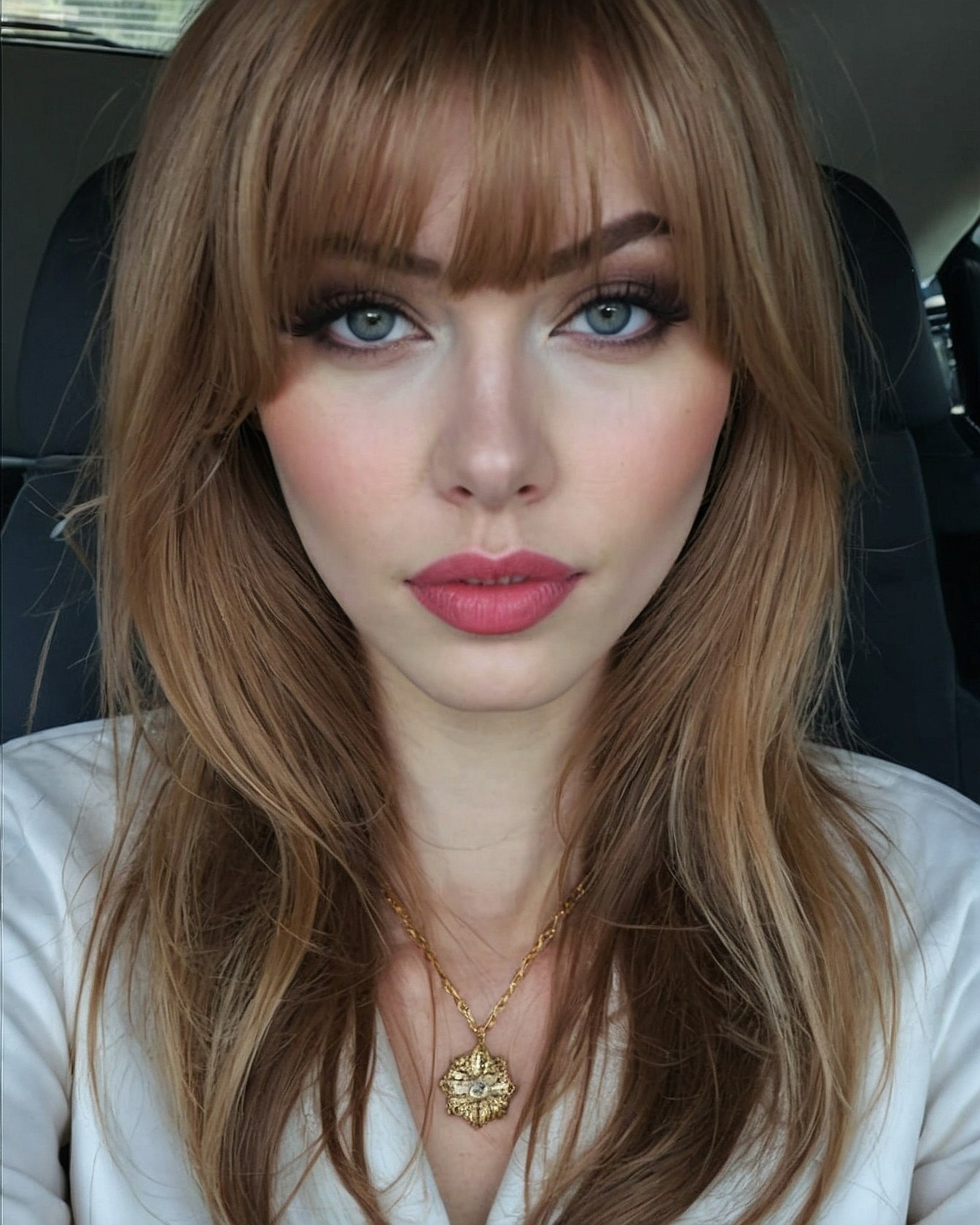 Close-up on wispy bangs and a gold pendant necklace