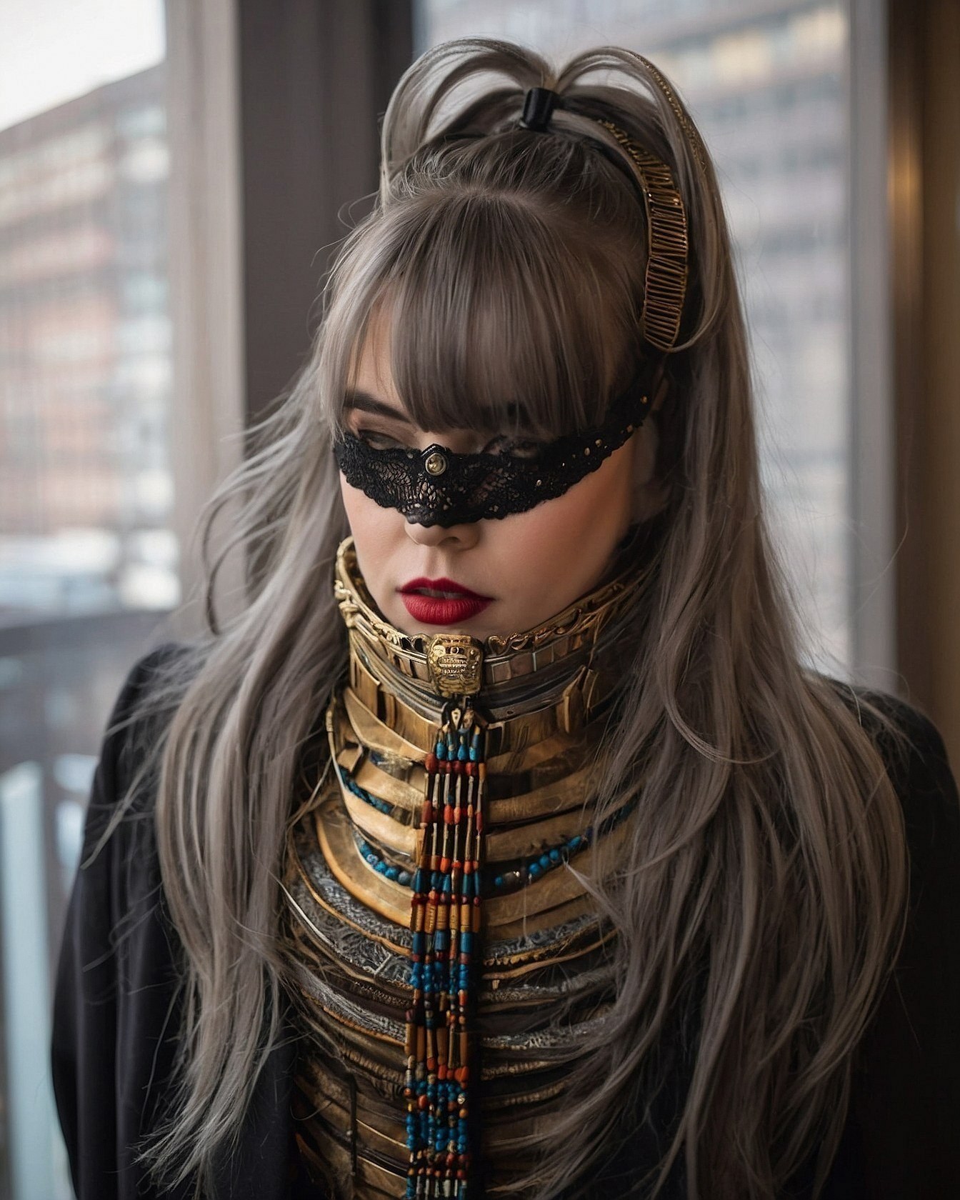 Intricate Gold Collar and Black Lace Mask