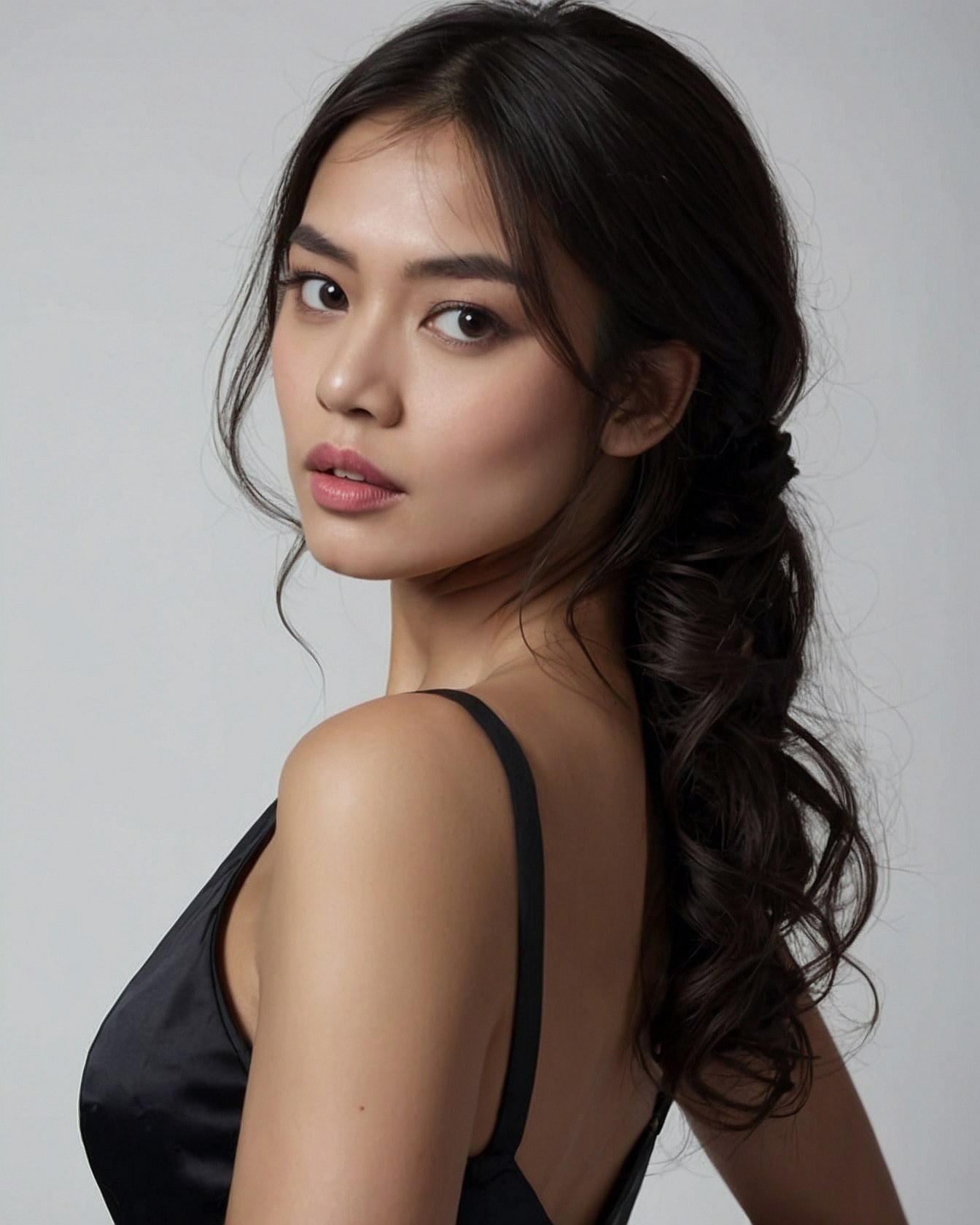 Softly Gathered Side Ponytail with Black Satin