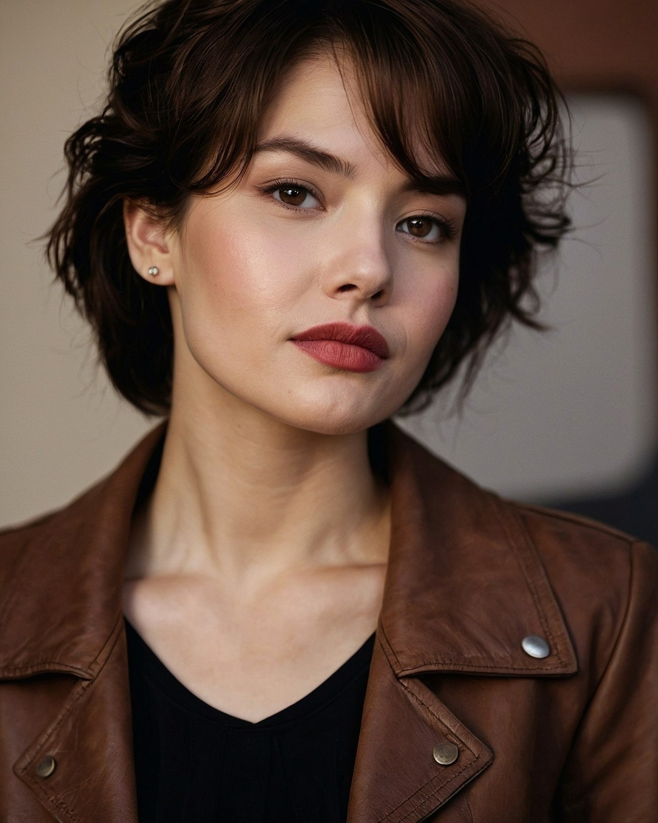 Brown Leather Jacket with Silver Snap Detail