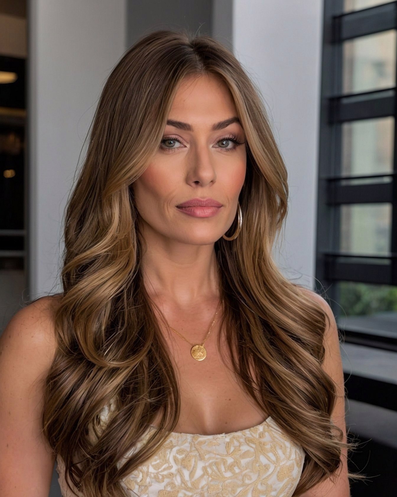 Warm Taupe and Caramel Highlights on Loose Waves