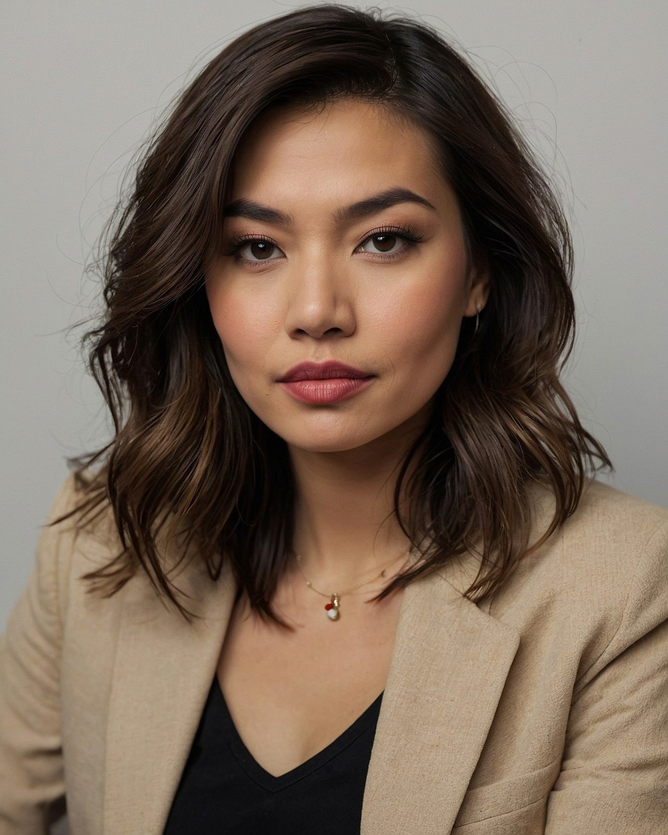 Front view of soft waves with neutral blonde balayage