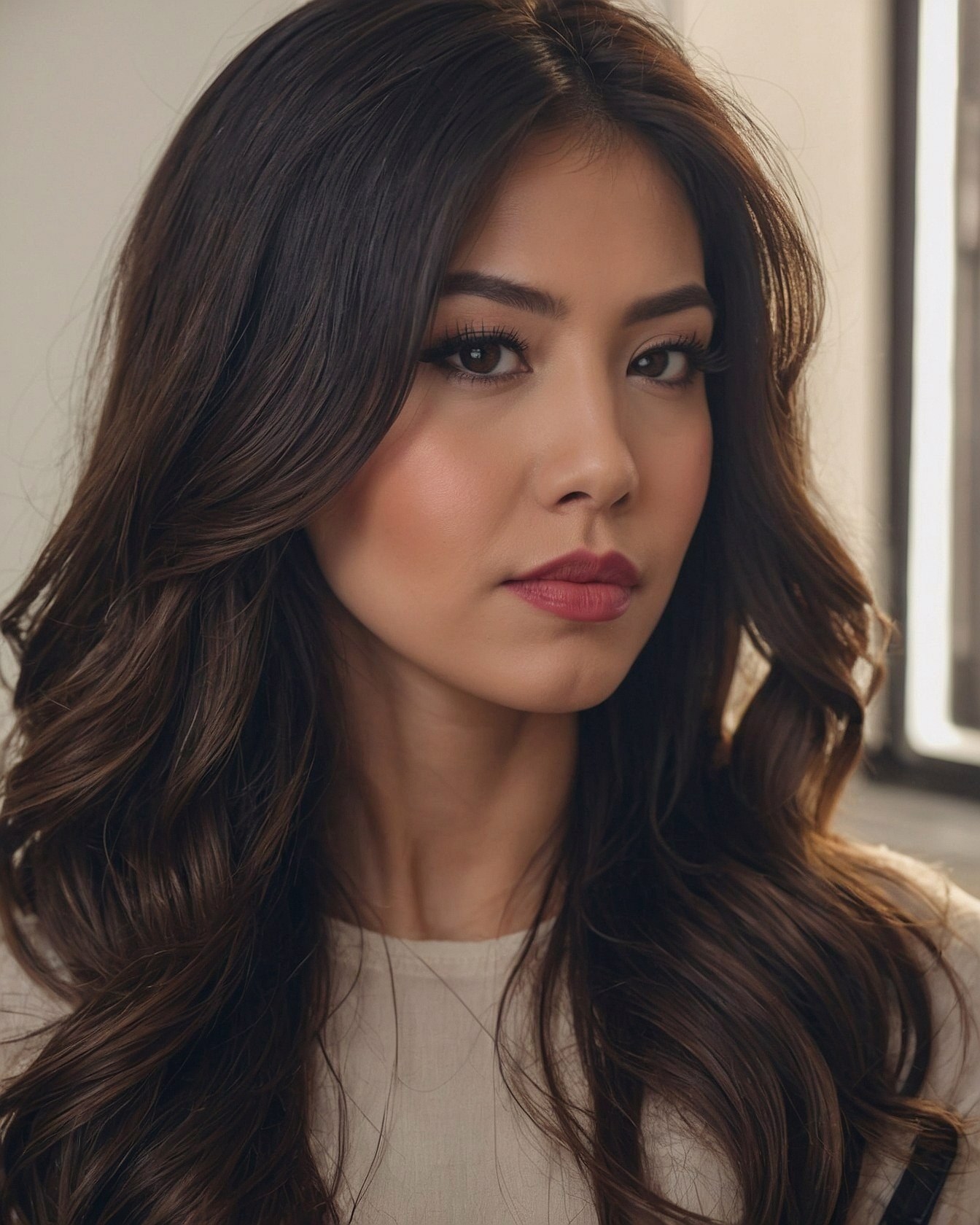 Portrait showcasing rich brown waves against a soft backdrop