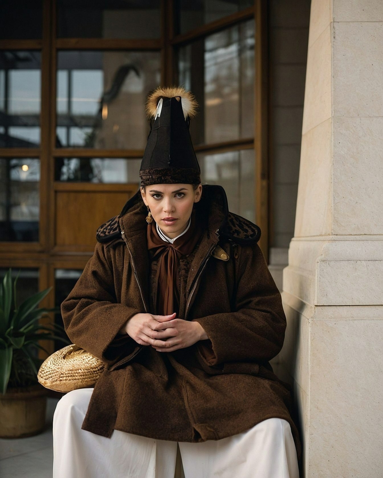 Structured Hat Paired with Flowing Silhouette