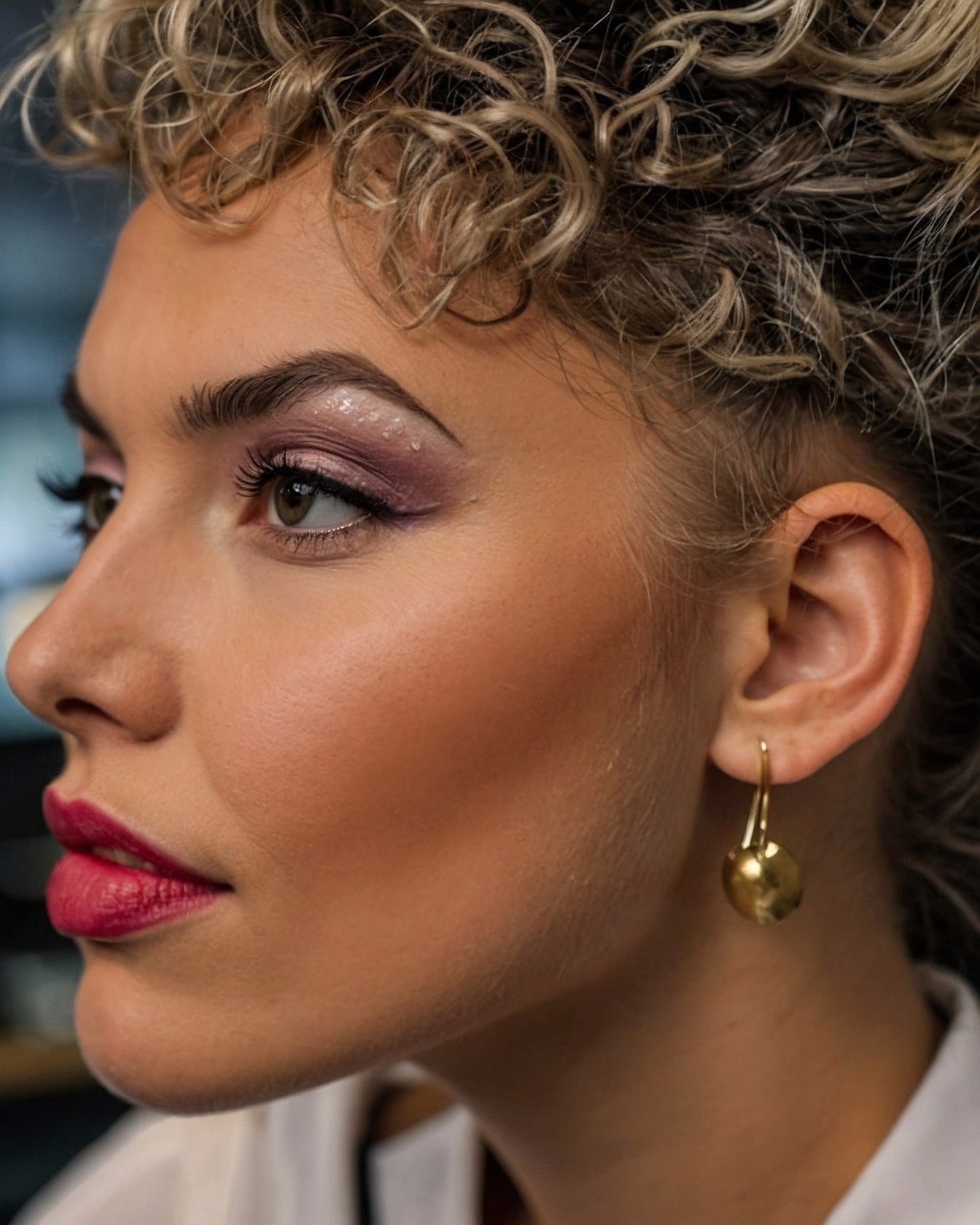 Side profile: bold lip meets sculpted curls