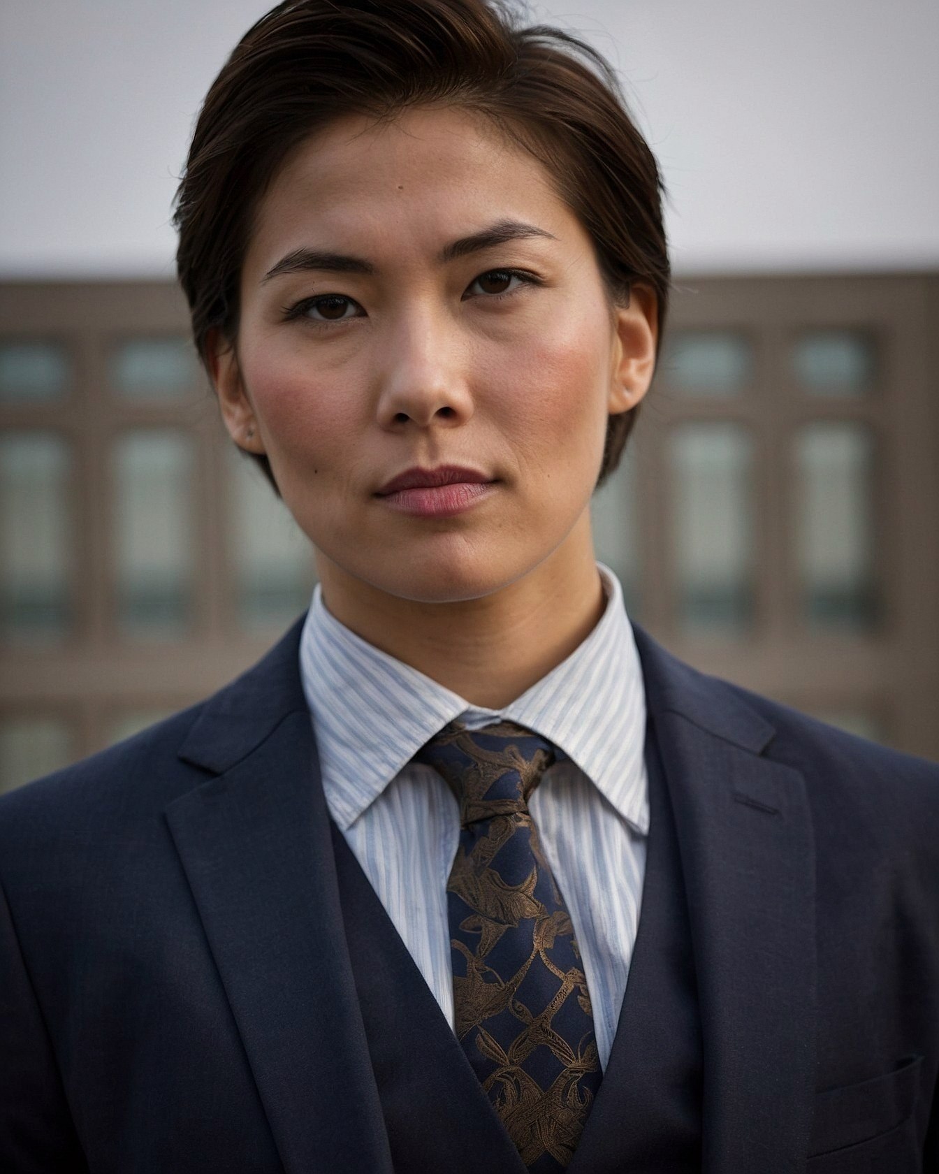 Sharp Suit Against Blurred Urban Backdrop