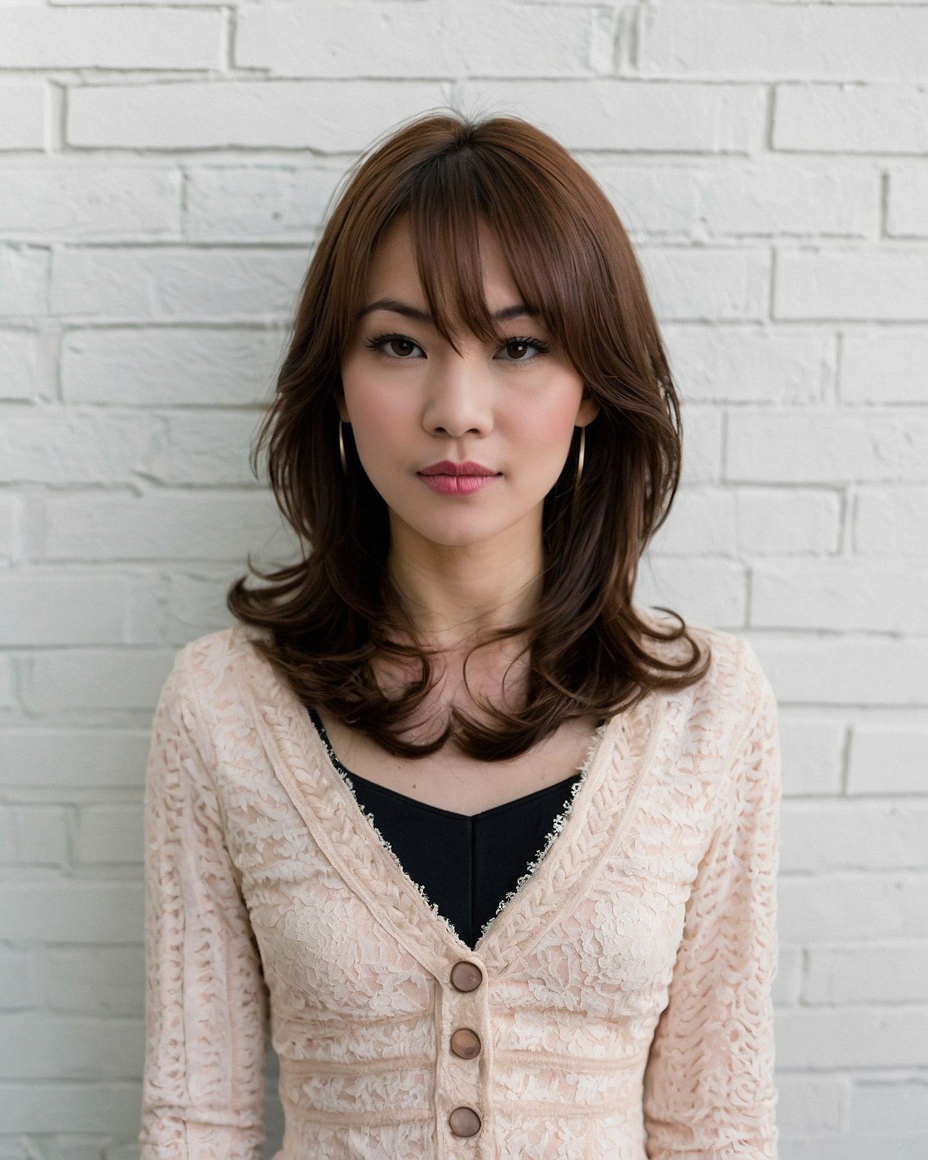 Portrait of a woman with soft waves and a lace cardigan